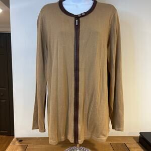 LAUREN RALPH LAUREN 2X Camel Zipper Front Cardigan Cashmere Silk Leather